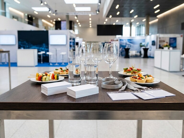 Networking table with refreshments, business cards, and drinks
