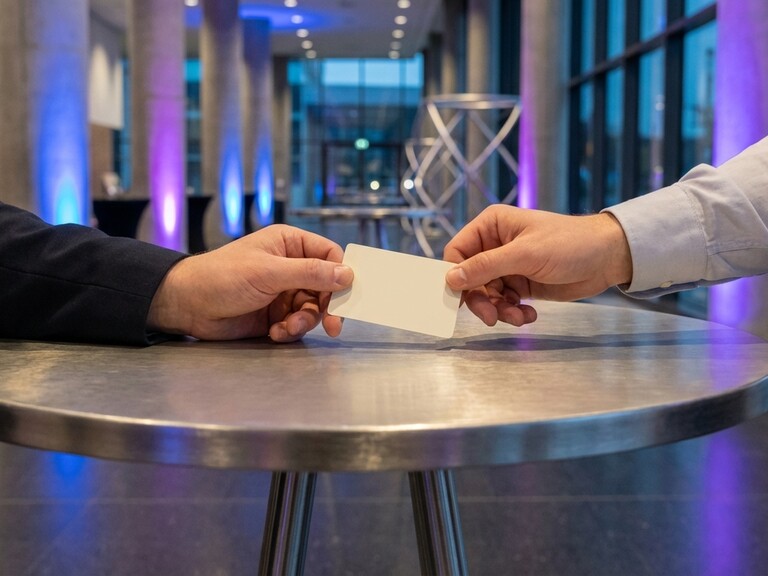 Close-up of a business card exchange over coffee and drinks